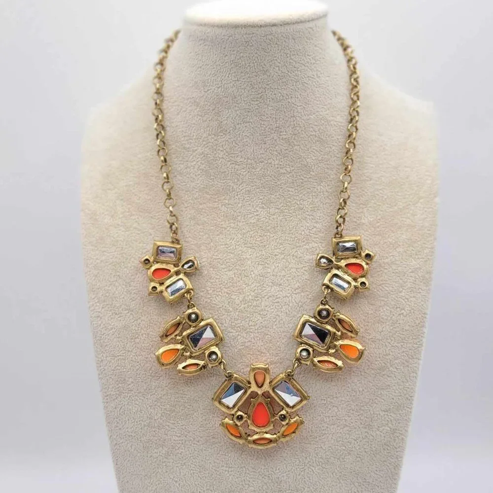 J Crew Large Clear Crystal and Orange Resin Statement Necklace